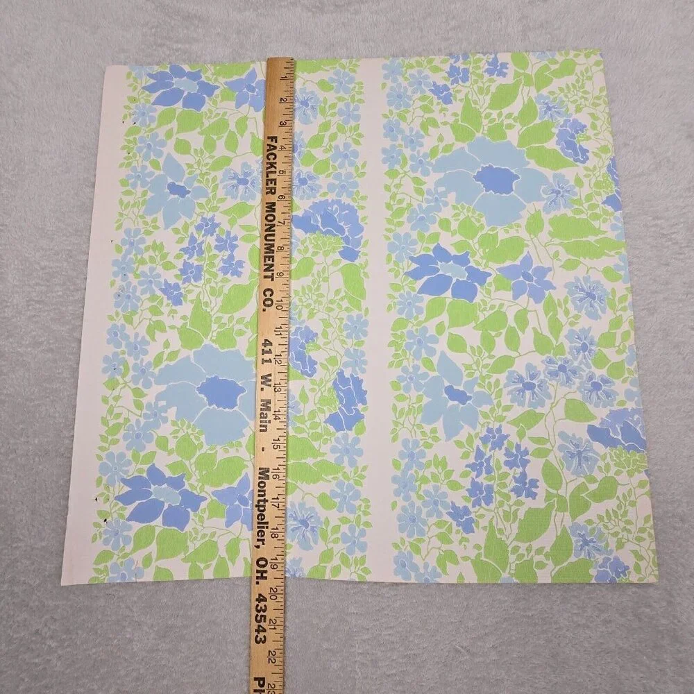 Vintage Wallpaper Sample Sheet 70s Floral Blue Flowers Craft Supply Dollhouse
